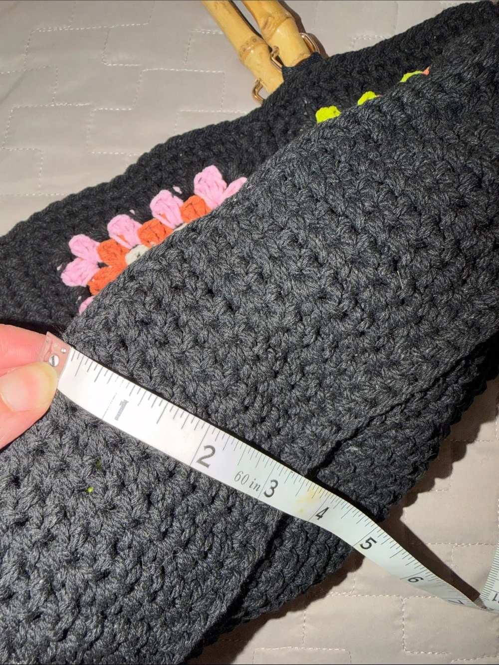 NWT Black Crochet Tote with Colorful Granny Squares and Bamboo Handles